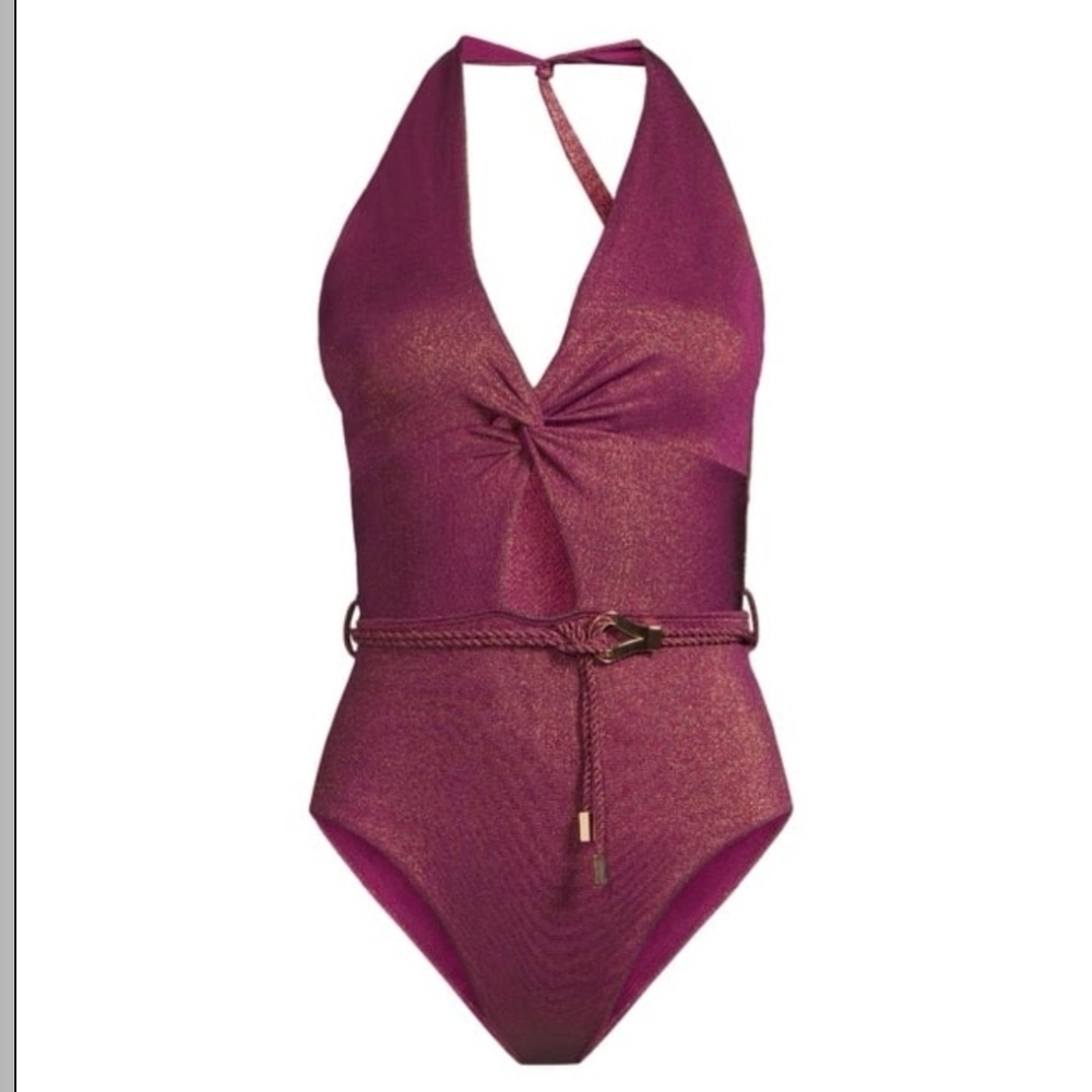 Time and Tru Metallic Plum Halter One-Piece Swimsuit Rope Belt Size 12/14/L NWT